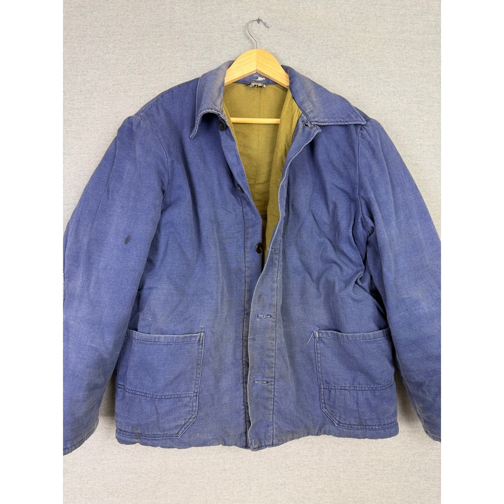 Vintage French‎ Chore Jacket Blue Cotton Twill Workwear Coat Lined L 50s 60s